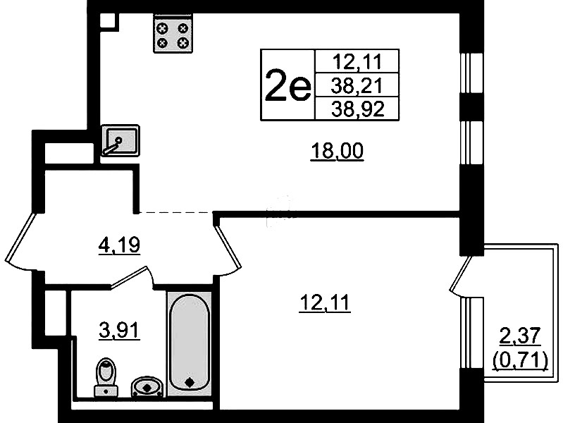 1-комнатная квартира 38.92 м², 11/12 эт., ЖК «Новые Лаврики»